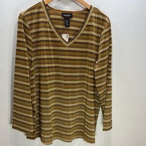 Avenue Relaxed Fit Gold & Brown Long Sleeve Metallic Striped V-Neck Top SZ 18/20